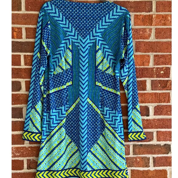 Hale Bob Geometric Print Dress | Size L | Blue Green Yellow Bold Pattern - Picture 5 of 7